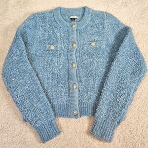 American Eagle Blue Bouclé Lady Jacket Cardigan Sweater Gold Crest Buttons Sz M